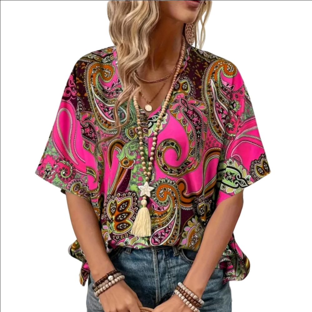 Paisley Top Earrings Set Bohemian Outfit Pink Tassel Earrings S M L XL - Picture 7 of 7